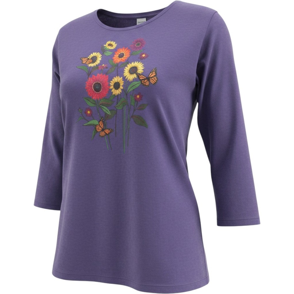 Sabaku Artwear Sunflower Butterfly Graphic Top Blue  3/4 Sleeve Cotton Shirt   l